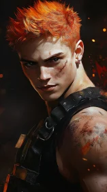 Fire-haired warrior pausing between battles with quiet resolve.