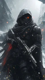 Hooded cybernetic soldier with rifle in snowy ruins.