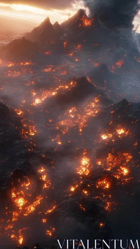 Volcanic Mountain Eruption at Sunrise With Flowing Lava