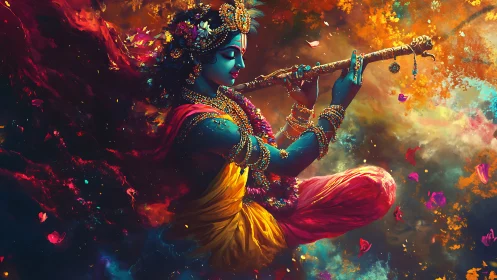 Celestial flute player drifting through blazing cosmic bloom.