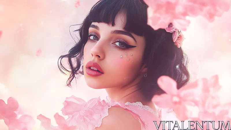 Digital portrait of young woman in pink floral setting.