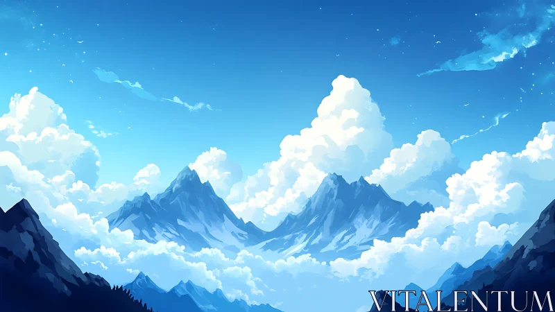 Atmospheric perspective over stylized alpine ridge system.
