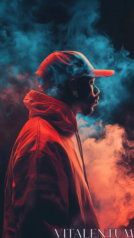 Side profile of hooded figure in colored smoke field.