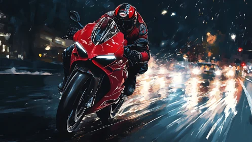 Red superbike accelerates through rainy neon city streets at night