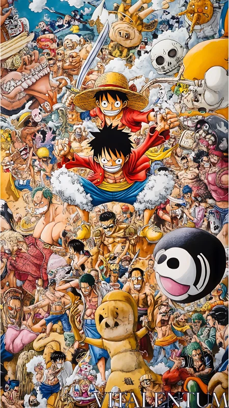 Crowded One Piece anime collage with Luffy leading charge.