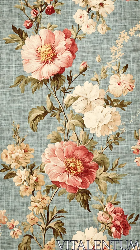 Floral stems on blue textured ground in vertical layout.