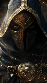 Hooded gold-masked sentinel framed by burning shadows.