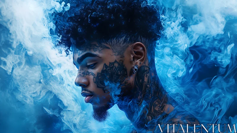 Tattooed profile portrait emerges through electric blue smoke.