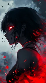 Dark anime heroine ignites with glowing crimson power