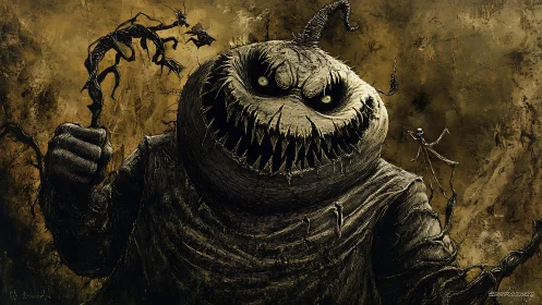 Grotesque burlap monster looming in decayed sepia void.