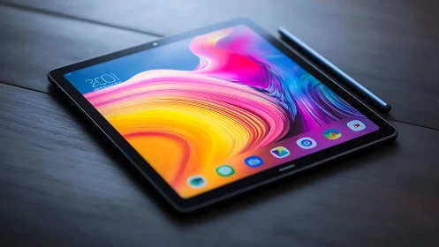 Vibrant Digital Tablet Display with Fluid Abstract Wallpaper.