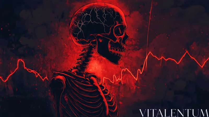Skeletal profile with cracked skull and red waveform backdrop.