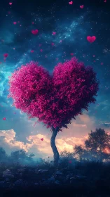 Heart-Shaped Tree with Magenta Foliage in Twilight Landscape.