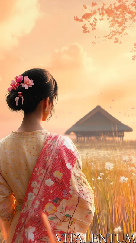 Backlit floral sari figure in atmospheric sunset meadowscape.