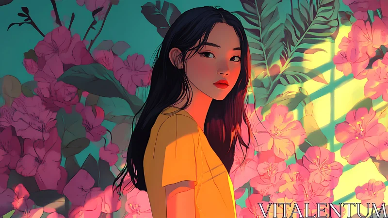 Sunlit girl among blooming florals in glowing pastels.