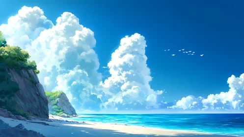 Coastal Seascape with Dramatic Cumulus Cloud Formation and Sandy Shoreline