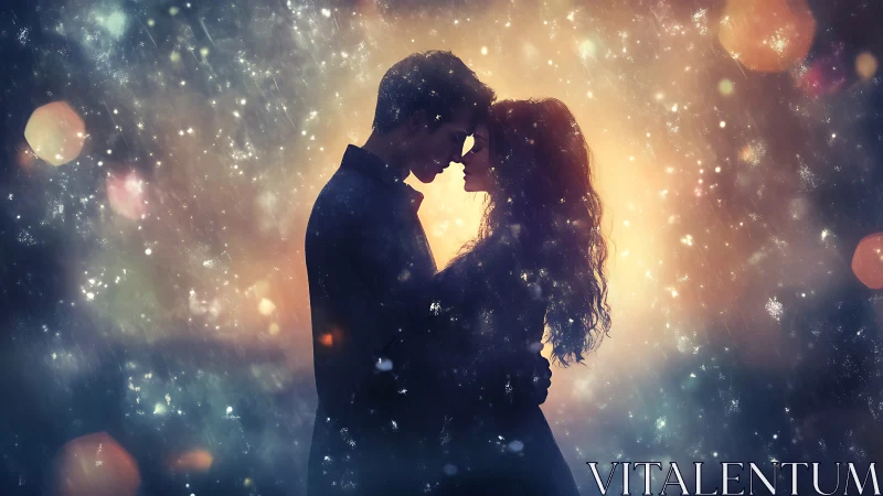 Silhouetted couple embracing within luminous particle field.