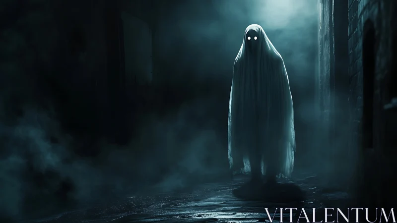 Ghostly figure with glowing eyes in dark misty alleyway.