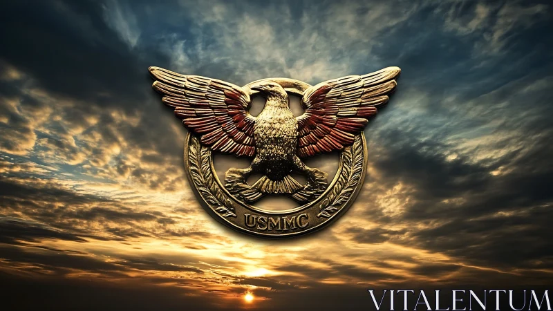 USMC eagle emblem gleams over stormlit sunset sky.
