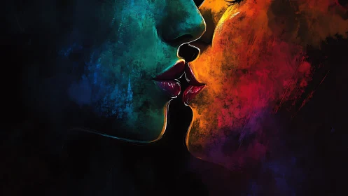 Chromatic Kiss: Neon-Silhouette Intimacy Against Dark Void.