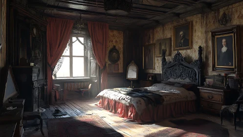 Decayed baroque bedroom with stratified chiaroscuro lighting.