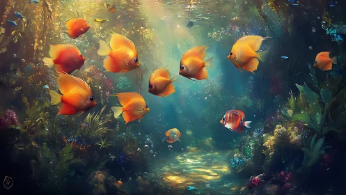 School of orange fish in sunlit underwater reef scene.