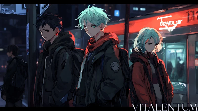 Neon bus stop brood, three nightwalkers in quiet rebellion.