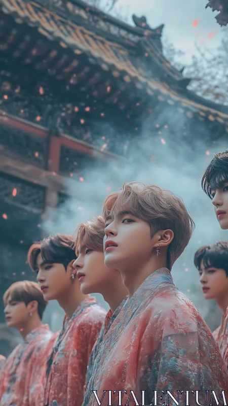 Youthful figures in pink hanfu beneath misty temple eaves.