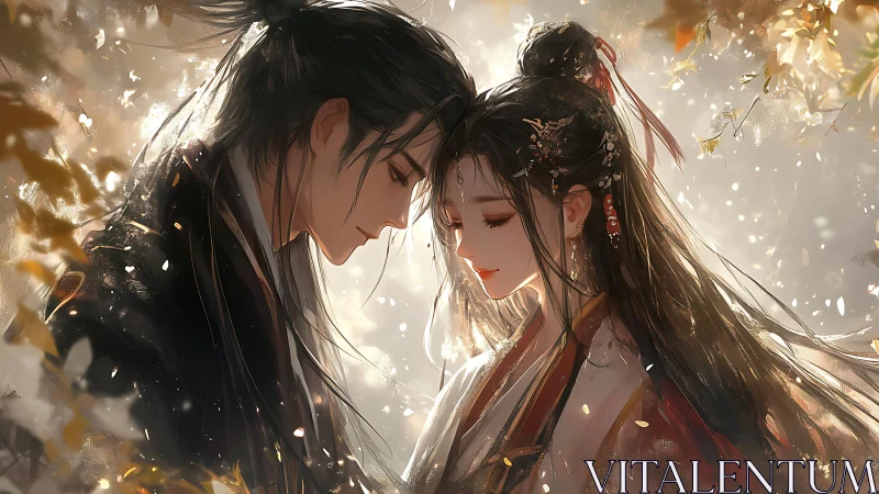 Ancient Romance Between Two Characters in Traditional Attire.