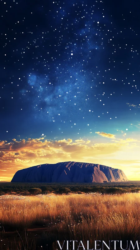 Starry desert night sky above lone sandstone monolith.