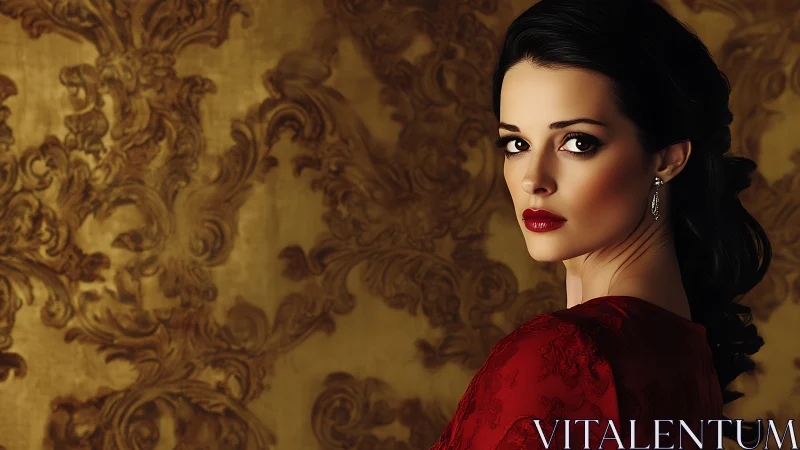 Elegant brunette portrait against baroque golden backdrop.