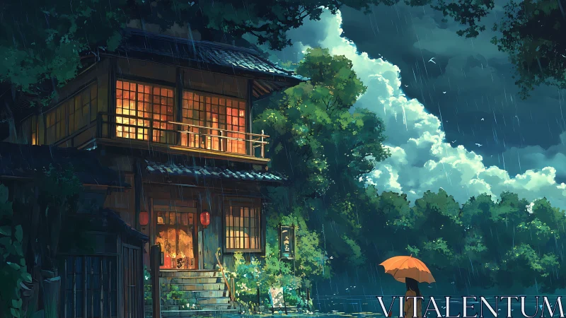 Warm riverside inn glows softly against a gentle summer storm