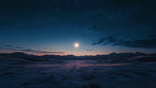 Midnight sun strolls over frost-kissed desert hushscape.