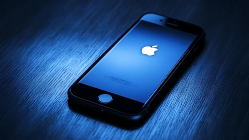 Black smartphone displaying Apple logo on blue display