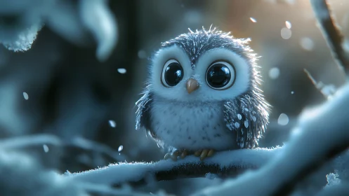 Adorable baby owl with big eyes in dreamy winter forest scene.