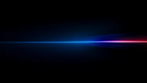 Futuristic glowing blue and red laser light streak on black background.
