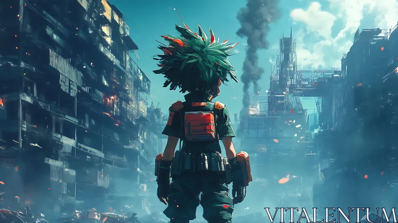 Solitary cyber hero surveys smoke-filled ruined megacity.