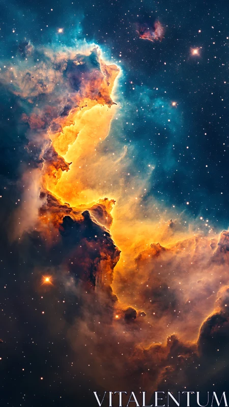 Stellar nebula cloudscape in vibrant cyan and golden fire.