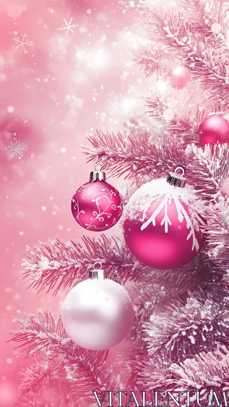 Pink frosted Christmas tree with sparkling ornaments glows softly.