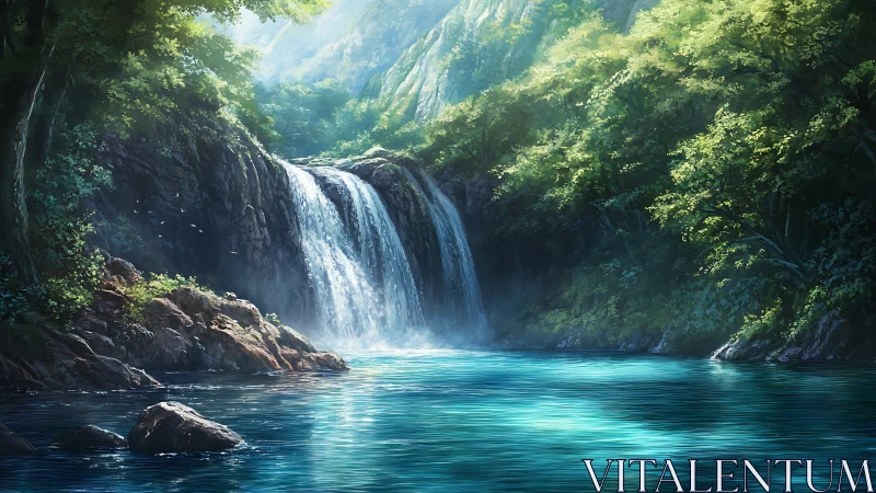 Sunlit forest waterfall cascading into clear blue pool.