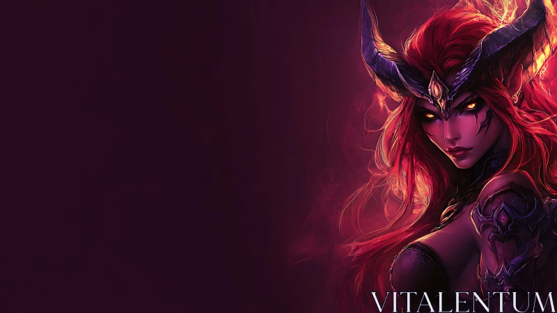 Demonic horned woman stares forward with burning eyes