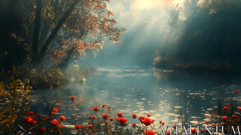 Volumetric dawn light over misted river and red flora.