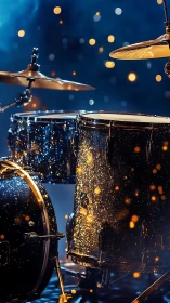 Sparkling drum kit closeup on stage under concert lights.