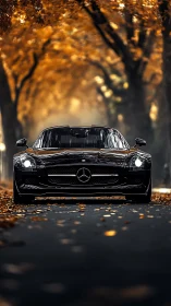 Sleek black sports car gliding through a golden autumn tunnel.