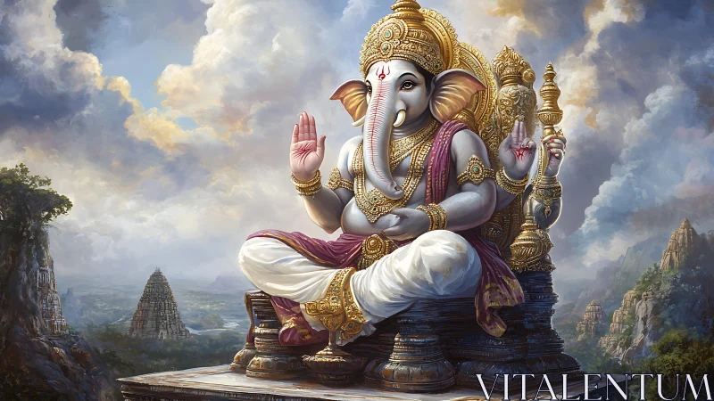 Mountain-throned elephant deity blessing the painted skies.