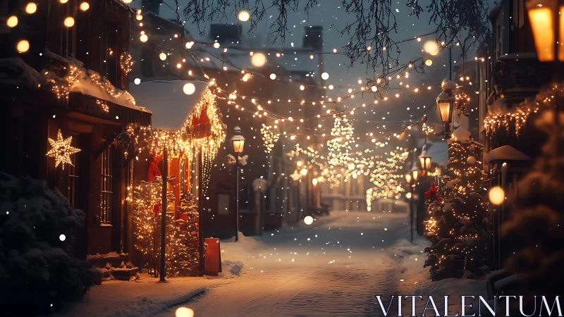 Snowy old town street under warm Christmas lights at dusk.