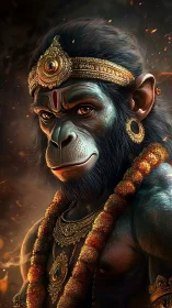 Simian-headed figure in ornate regalia against dark backdrop.
