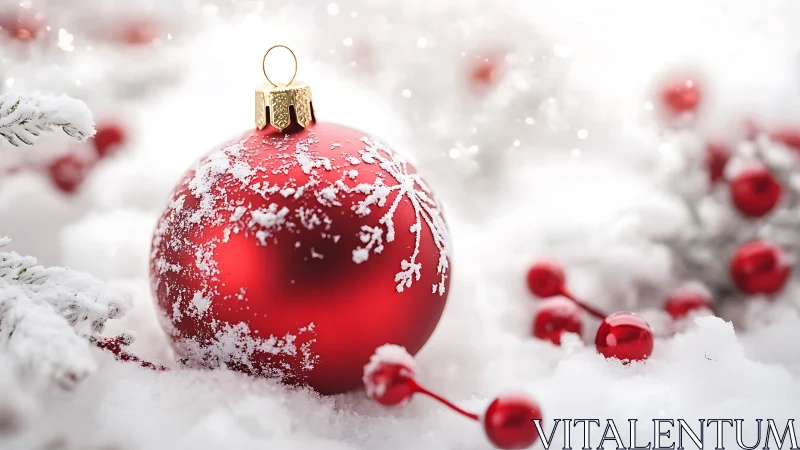Red bauble ornament on snow with frosted winter branches.