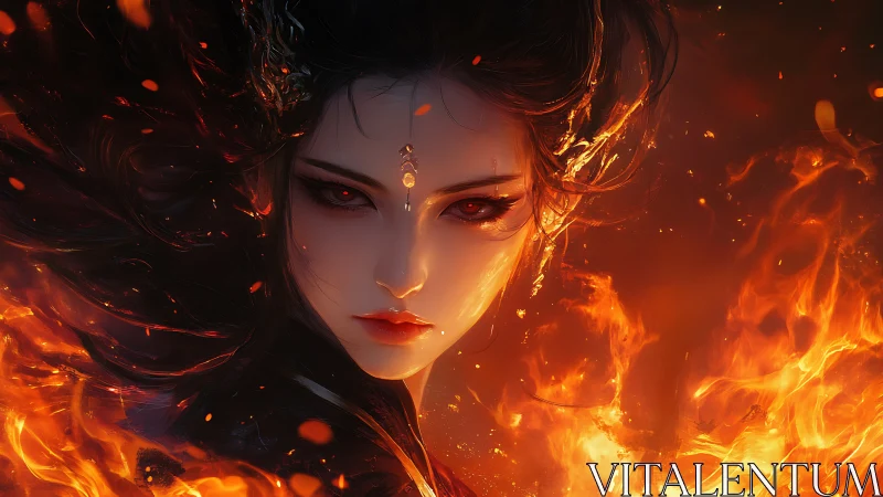 Ember-eyed fire queen emerging from a storm of blazing embers.