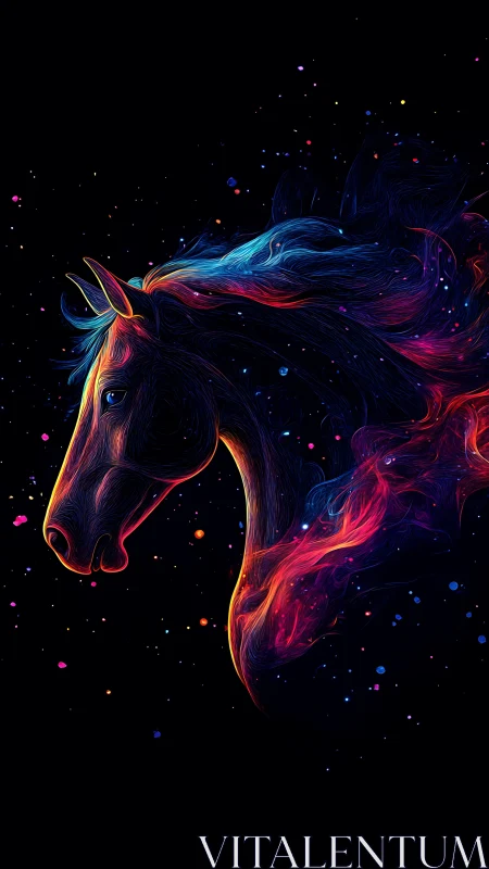 Nebula horse head glows in swirling cosmic neon strokes.